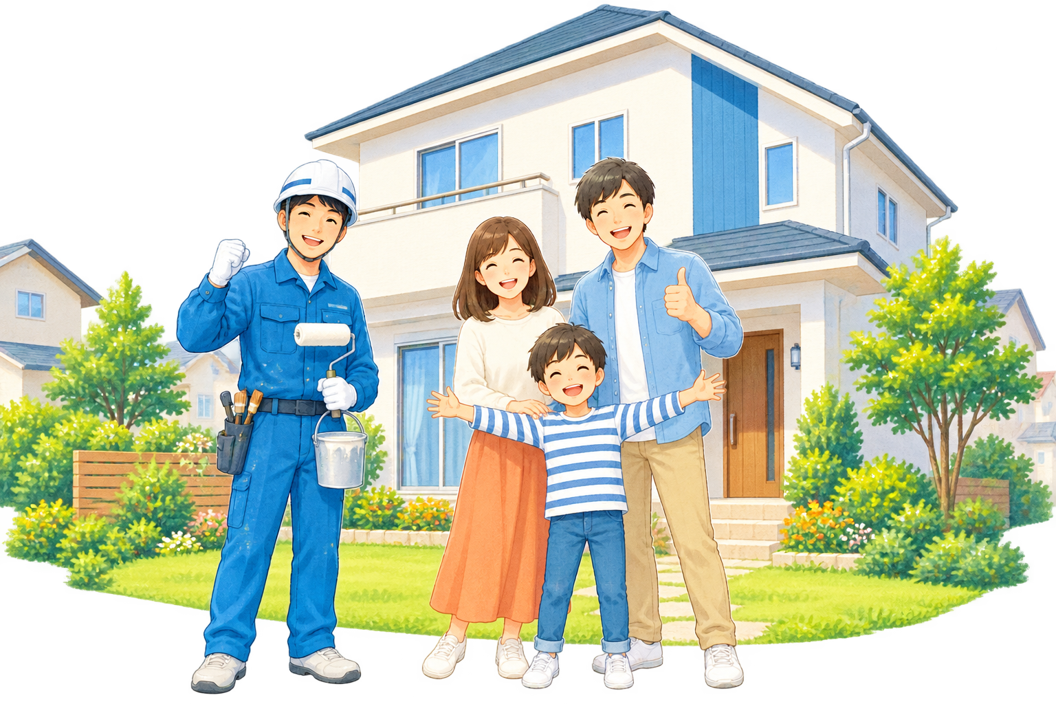 住まいの前で笑顔を見せるご家族と塗装職人のイラスト